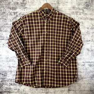 Orvis Mens Button Down Shirt XL Burgundy Yellow Plaid Long Sleeve Cotton
